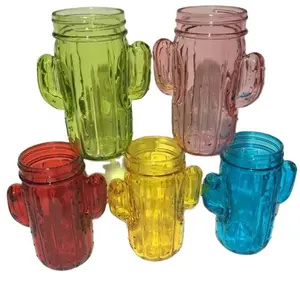 400 ml de material de vidrio mason jar con tapa de metal/boca ancha mason tarros de mermelada de vidrio con forma de cactus de color verde con paja para beber