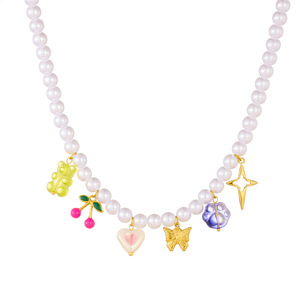 Cute Cartoon Pearl Necklace With Gold Plated Cherry Butterfly Pendant Everyday Wear Jewelry - Product Image 5