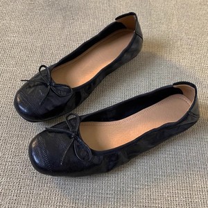 Genuine Leather Ballet Flats Round Toe Slip-On Solid Color Bow Decoration <b>Soft</b> Women's Flat <b>Shoes</b> All Seasons - Product Image 1