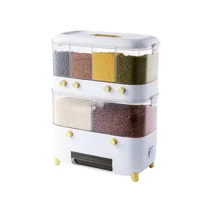 TS Dispensador de grãos e arroz com selo giratório para armazenamento de grãos e arroz, recipiente de 6 células de grande capacidade à prova de umidade, mais vendido