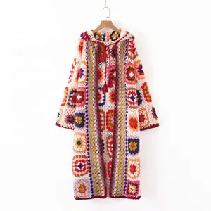 Women's 2021 New Handmade Crochet hooded jacket jacket retro long sleeve long coat lamb wool coat / wool coat / lamb wool