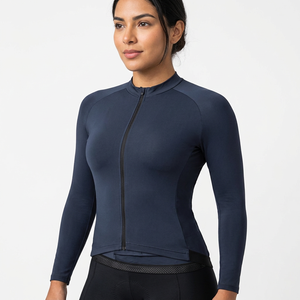Women's <b>Long</b> <b>Sleeve</b> <b>Cycling</b> <b>Jersey</b> Dark Blue Full Zipper Stretch Fit Bike Top - Product Image 1
