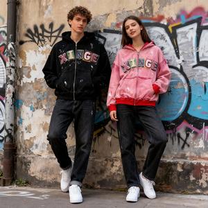 Sudadera con capucha personalizada estilo urbano 2026, diseño desgastado, vintage, con bordado 3D, para hombre, corte holgado, con cremallera, lavado ácido - Product Image 3