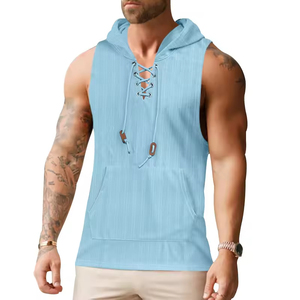 Vente flash : Nouveau gilet grande taille pour homme, fin, décontracté, à capuche, couleur unie, sans manches, avec lacets, pour l'été - Product Image 4