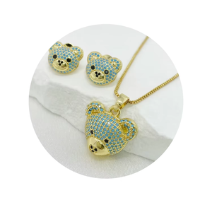 Moda Hip Hop brillante completo circón collar gran oso de peluche cabeza colgante pendiente 18K chapado en oro joyería conjunto mujeres - Product Image 1