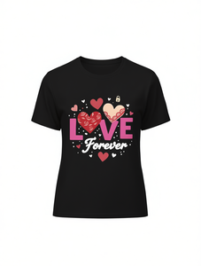 T-shirt da donna con scollo rotondo e stampa Love Forever Heart Rose Lock, primavera estate - Product Image 1