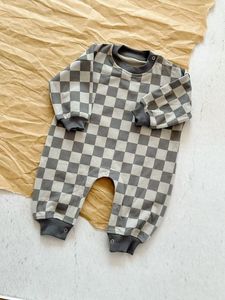 Baju renang One-Piece bayi French Terry musim semi musim gugur pola petir kotak-kotak Romper lengan panjang ukuran besar - Product Image 5