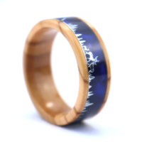 POYA – bague en bois 8mm, bande de mariage, incrustation en bois d'olive, scène d'animaux, cerf, forêt, bague en bois pour hommes