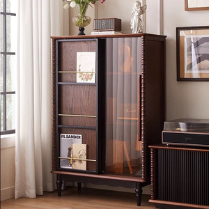 French Style <b>Solid</b> <b>Wood</b> <b>Bookcase</b> With Glass Doors 2 Compartments Storage Living Room Cabinet Vintage Display Cabinet - Product Image 1