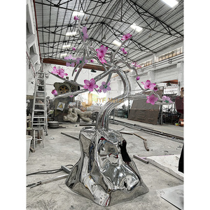 Sculpture d'art moderne en acier inoxydable argenté poli brillant V96, grand arbre extérieur pour jardin, impression personnalisée métallique - Product Image 1