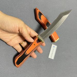 Funda de mango de madera de color naranja y negro, 67 capas, hoja de acero de Damasco arqueada, hebilla de cinturón de PU, cuchillo de hoja fija de caza, funda de EVA - Product Image 3