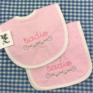 Wholesale 100% Cotton baby Bib Navy or pink gingham seersucker bib Gingham Bib Burp Set