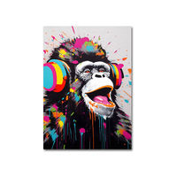 Peinture murale abstraite traditionnelle sur toile, gorille avec écouteurs, multicolore, huile peinte à la main pour salon