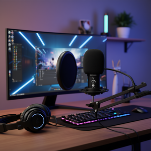 Microphone à condensateur USB Emerson avec support de bureau pour gaming et streaming, en plastique noir, métal et mousse - Product Image 2