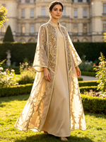 Ensemble Abaya deux pièces en polyester avec cardigan en mousseline brodé et robe intérieure – Kaftan décontracté et modeste pour Dubaï, l'Arabie Saoudite, l'Aïd et les mariages