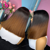 Pelucas de Cabello Humano Liso con Doble Trama sin Pegamento, Estilo Bob, con Frente de Encaje, Color Marrón Degradado, Cabello Virgen Vietnamita, Pelucas con Frente de Encaje Completo HD