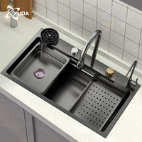 Tablier en acier inoxydable encastré à la main avec LED Évier de cuisine multifonction avec cascade intelligent fait à la main