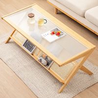 Grande table à thé japonaise 120x56x44 cm pour salon, en bois massif brun avec verre trempé et accents en bambou et rotin, livraison directe DDP