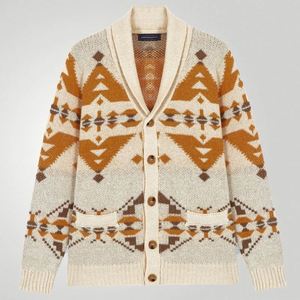 Cárdigan de punto de Jacquard americano europeo 100% de poliéster con patrón geométrico para hombre, prendas de vestir exteriores de manga larga, suéter con botones para - Product Image 2