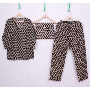 Ensemble de pyjama décontracté en coton tissé imprimé à la main, 100 % coton respirant, motif floral, col en V, manches longues, taille élastique - Product Image 6