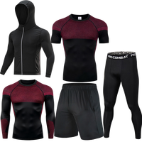 Ensemble de sport 5 pièces pour hommes : Veste à capuche, T-shirt de compression à manches courtes avec empiècements en mesh, Collants et Shorts respirants et anti-humidité