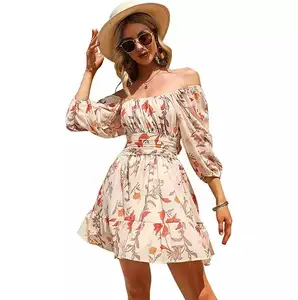 New Custom wholesale Women Bohemia off shoulder Mini Dresses Floral Print Beach Boho Dress half Sleeve Retro Hippie