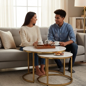 Designer Set Of 2 Metal Coffee <b>Table</b> With <b>White</b> Marble Top Modern Center <b>Table</b> For Home And Office Decoration - Product Image 3