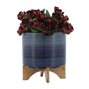 Pot de fleurs décoratif en grès cylindrique à pois avec support en bambou pour plantes d'intérieur et d'extérieur - Product Image 3