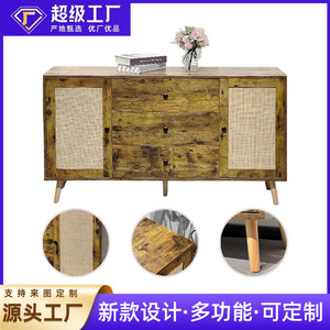 Japanese-style multi-functional rattan <b>sideboard</b>, modern minimalist style, double-door, fully assembled chest of drawers made - Product Image 5