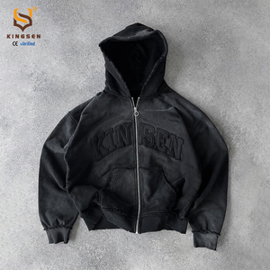 Sudadera con capucha vintage pesada de 450 g/m² con cremallera completa, efecto desgastado por el sol, lavado ácido, logotipo personalizado y bordado con patchwork del fabricante - Product Image 1