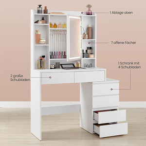 Factory Direct Modern White 6 Drawers Makeup <b>Vanity</b> Table with LED <b>Lighted</b> Mirror and Stool - Product Image 4