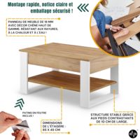 Table basse relevable DNF avec compartiment de rangement caché - Design industriel moderne - Plateau réglable 45-61 cm - Métal - Meubles pour la maison