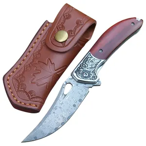 Outdoor Wooden Handle Damascus Steel Camping Folding Hunting Combat Survival Tactics Pocket Knife Holster