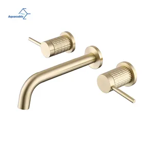 Gold Brushed Wall Mount Bathroom Basin Brass Faucet 3 Holes For Hotel Washroom Taps And Faucets