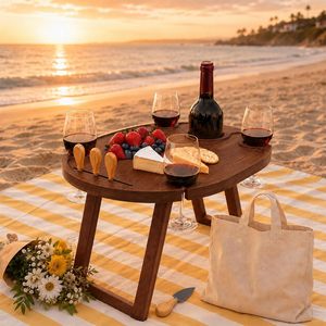 Outdoor Wooden Folding <b>Picnic</b> <b>Table</b> With Wine Holder And Knife Set Round <b>Portable</b> For <b>Picnics</b> Camping - Product Image 1