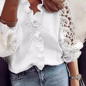 Blusa de Mujer de Color Sólido con Volantes y Manga Larga de Encaje Blanco para Ir al Trabajo - Product Image 3