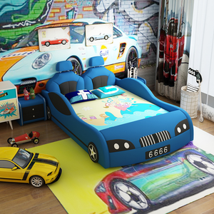 Cama para niños pequeños coche de carreras dormitorio infantil muebles de juego divertidos, cubierta de cuero coche de carreras cama para niños pequeños (no incluye colchón) - Product Image 3