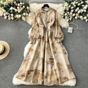 Nueva moda francés Retro impreso teñido gasa <span class=keywords><strong>Couture</strong></span> Vestido de manga larga Slim Fit Seaside Resort vestido para mujer - Product Image 4