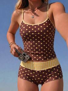 <span class=keywords><strong>Costume</strong></span> da bagno due pezzi da <span class=keywords><strong>donna</strong></span> OEM con logo personalizzato, top a pois a vita alta e pantaloncini, bikini di design - Product Image 1