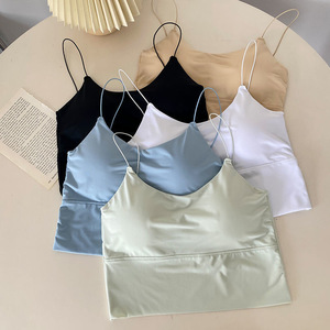 Tops cortos de seda helada para mujer, top sexy de verano sin costuras, chaleco sin espalda, top tubo, ropa interior, camisola con sujetador acolchado - Product Image 1