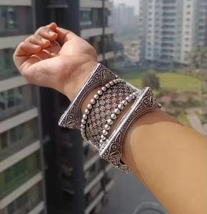 Handcrafted Oxidised Kada & Bangles Combo <b>Set</b> of 3 Openable Bangles with Antique Finish Traditional to Modern Wear - Product Image 2