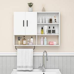 Organisateurs <span class=keywords><strong>de</strong></span> salle <span class=keywords><strong>de</strong></span> bain en bois, armoire <span class=keywords><strong>de</strong></span> rangement au-dessus des toilettes avec 2 portes, étagères réglables et <span class=keywords><strong>porte</strong></span>-serviettes - Product Image 5