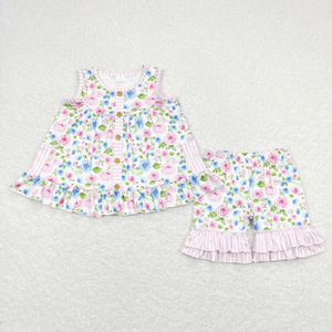 Ensemble 2 pièces d'été pour filles : Hauts tunique sans manches à imprimé fleurs et citrons avec poches et shorts à volants pour enfants - Product Image 4