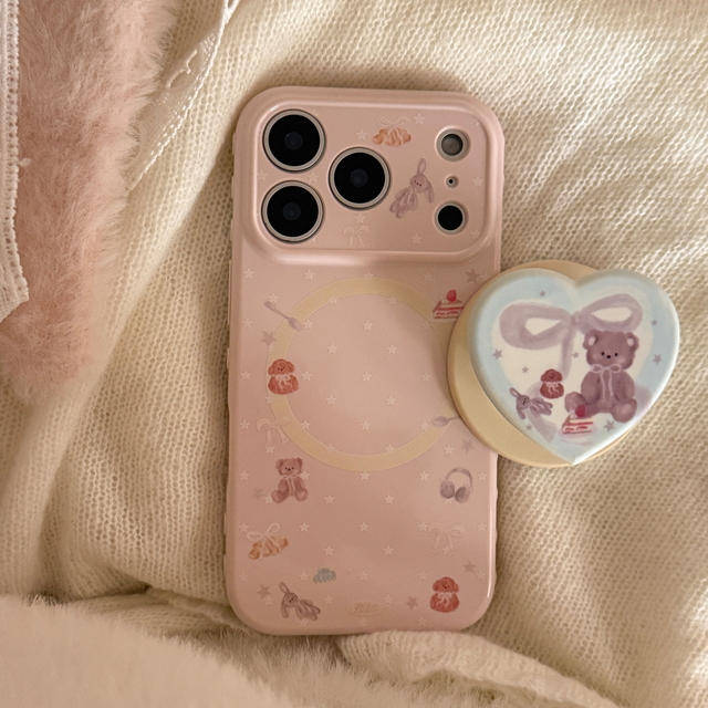 Pink Cute Bear Magnetic Phone Case, Suitable for iPhone 17 Pro Max 16 15 13 Korean Style Beautiful Protective case