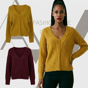 <strong>Women's</strong> Deep V-Neck Knitted Sweater <strong>Mustard</strong> Yellow Mohair-Like Fuzzy Pullover Vertical Seam Slouchy Ribbed <strong>Jumper</strong> - Product Image 2