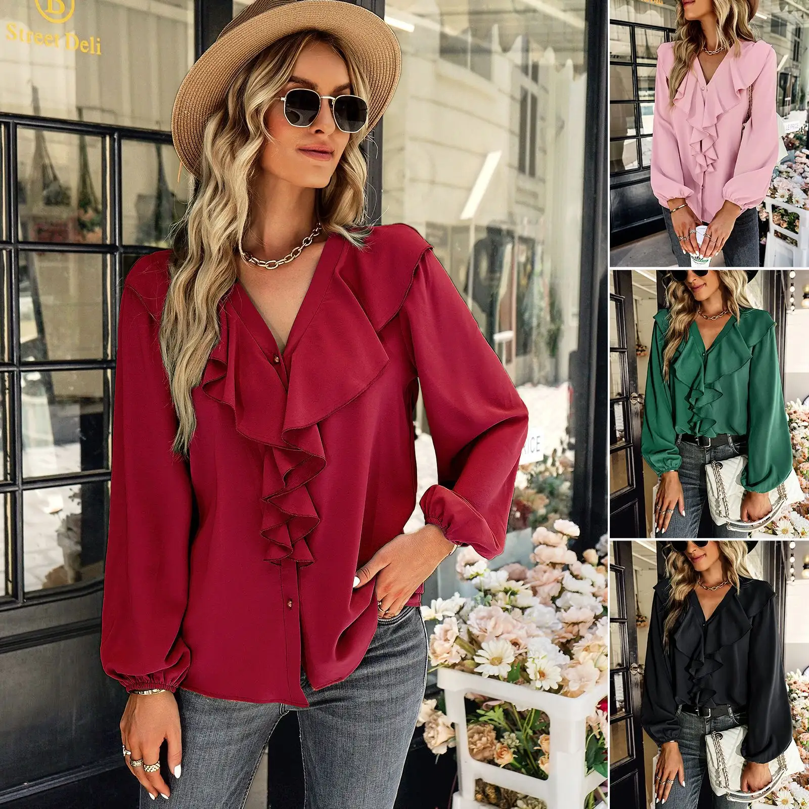 New Arrival Wholesale Ladies Long Sleeve Loose Casual Shirts Autumn V Neck Ruffle Chiffon Blouse Tops ISO Factory