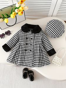 <span class=keywords><strong>Veste</strong></span> d'<span class=keywords><strong>hiver</strong></span> pour bébé fille en tissu pied-de-poule en peluche avec col à revers et boutons, manches longues, avec chapeau, 100% polyester - Product Image 1