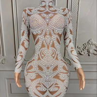 Robe de soirée sexy pour femme avec strass AB, perles et maille transparente, idéale pour la danse, les anniversaires et les spectacles