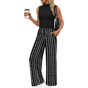 Conjunto de dos piezas para mujer, ropa de verano sin mangas, cuello simulado, tejido de punto, ropa informal para estar en casa, ropa transpirable para vacaciones - Product Image 4