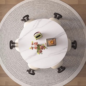 ヴィンテージメタルラウンドダイニングテーブル木製脚付き人工大理石トップフランススタイルレトロデザインホーム小さなアパート家具 - Product Image 4